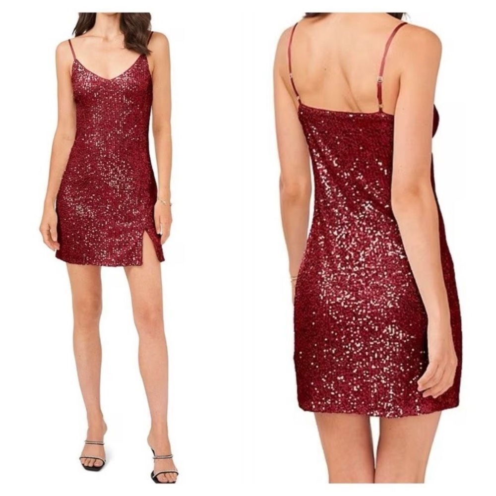 1.STATE Sequin Sleeveless Mini Slip Dress Burgundy Red Women’s Sz 2 Sexy Sparkle